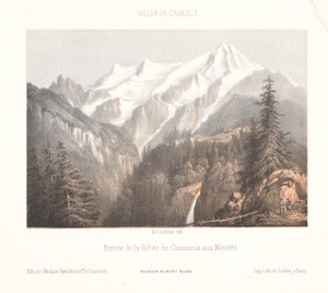 Pohled na Chamonix s ledovcem Mer-de-Glace a Aiguille du Dru Chamonix, le Glacier des Bois, et le Dru (název na objektu) Memories of Chamonix-Mont-Blanc (název série) Museum du Mont-Blanc (název série)