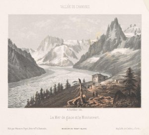 Pohled na Le Chapeau na ledovci Mer-de-Glace Le Chapeau (titul na objektu) Memory of Chamonix-Mont-Blanc (název série) Museum du Mont-Blanc (název série na objektu)