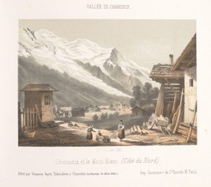 Zicht op de valley van Chamonix vanaf de pas Les Montées Vstup do údolí Chamonix u Montées (název na objektu) Herinnering v Chamonix-Mont-Blanc (název série) Museum of Mont-Blanc (název série na objektu)