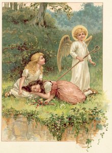Sněhově bílá, růžovo-červená a anděl (chromolitho)