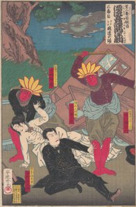 Představení Kabuki s červenými Indiány a herci Kubuki z konce 19.