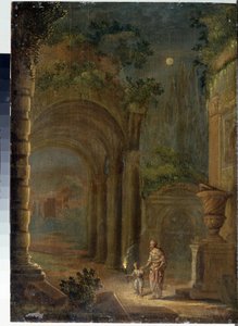 Obraz „Krajina ruin za měsíčního svitu“ Malba Adama Elsheimera (1578-1610) Státní muzeum pod širým nebem Palác Gatchina, Petrohrad, Rusko