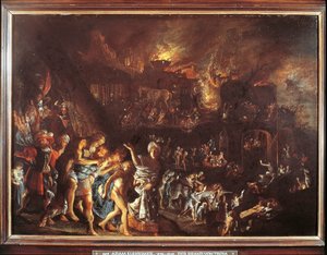 Spálení Tróje, c. 1604 (olej na mědi)
