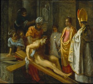 Frankfurtský oltářní obraz Povýšení pravého kříže: Zkouška kříže (uprostřed vpravo) od Adam Elsheimer