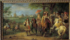 Král Ludvík XIV. (1638-1715) a rakouská královna Marie-Terezie (1638-1683) na procházce před zámkem Vincennes v roce 1669 Obraz od Adama Franse Van der Meulena (1632-1690) od Adam Frans van der Meulen