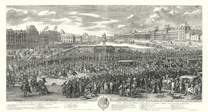 Ludvík XIV. Francie a jeho stráž překračující Pont-Neuf v Paříži na cestě do Palais du Louvre (rytina) od Adam Frans van der Meulen