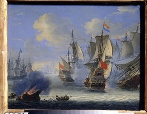 Námořní bitva (námořní bitva). Obraz Adama Sila (1674-1757). Olej na plátně, 25 x 33,5 cm. Nizozemské umění, barokní umění. Státní muzeum umění, Tula (nebo Tolan).