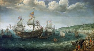 Nalodění Fridricha I. z Wittelsbachu (1596-1632), falckého kurfiřta (pozdějšího českého krále), na loď "Prince Royal" v Doveru (Anglie), 25. dubna. od Adam Willaerts