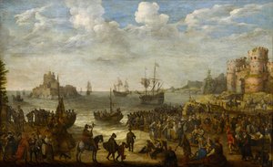 Kristus káže z lodi na Galilejském jezeře (Lac de Tiberiade) - par Willaerts, Adam (1577-1664). Olej na plátně
