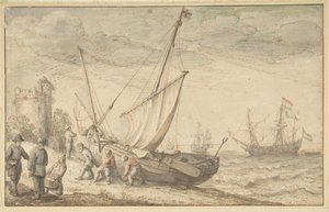 Fisherfolk táhnoucí svůj člun na pobřeží, n. d. od Adam Willaerts