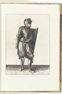 Cvičení s terčem a rapírem: voják přináší terč zezadu přes levé rameno (č. 2), 1618 Nassausche Wapen-Handelinge, van Schilt, Spies, Rappier a Targe: beyde figuerlick vyobrazeny a zarámované podle nového řádu (... od Adam van Breen