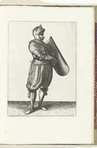 Cvičení s terčem a rapírem: voják drží terč mírně dopředu, aby nakreslil rapír (č. 4), 1618 Nassausche Wapen-Handelinge, van Schilt, Spies, Rappier a Targe: beyde figuerlick vyobrazen a zarámovaný podle nového řádu
