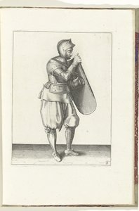 Cvičení s terčem a rapírem: voják drží terč pravou rukou a chytí se za opasek levou (č. 3), 1618 Nassausche Wapen-Handelinge, van Schilt, Spies, Rappier a Targe: zobrazeno beyde figuerlick, ende zarámováno po od Adam van Breen