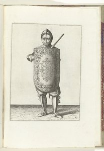 Cvičení s terčem a rapírem: voják drží terč před hrudníkem a natažený rapír na levém rameni (č. 6), 1618 Nassausche Wapen-Handelinge, van Schilt, Spies, Rappier a Targe: zobrazeno beyde figuerlick, ende zarámováno po od Adam van Breen