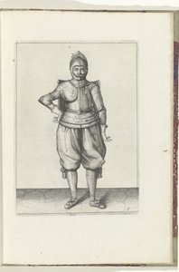 Vrták s terčem a rapírem: voják v klidu s terčem na zádech (č. 1), 1618 Nassausche Wapen-Handelinge, van Schilt, Spies, Rappier a Targe: vyobrazeny beyde figuerlick a zarámované podle nového řádu [z] (...) Mauritse van Nassy od Adam van Breen