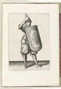 Vrták s terčem a rapírem: jak si má voják zavřít hledí přilby s terčem a nataženým rapírem v ruce (č. 7), 1618 Nassausche Wapen-Handelinge, van Schilt, Spies, Rappier a Targe: vyobrazení beyde figuerlick a