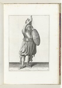 Cvičení se štítem a kopím: voják vrací kopí do klidové polohy třikrát, druhý pohyb (č. 11), 1618 Nassausche Wapen-Handelinge, van Schilt, Spies, Rappier a Targe: beyde figuerlick vyobrazeny a zarámované po od Adam van Breen