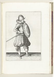 Cvičení štítu a hrotu: Voják přemístí hrot dvakrát do pozice tažení, druhý pohyb (č. 14), 1618 Nassausche Wapen-Handelinge, van Schilt, Spies, Rappier a Targe: zobrazeno beyde figuerlick, zarámováno po novém od Adam van Breen