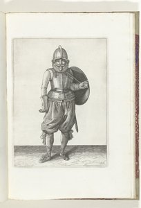 Cvičení The Shield and Spike: The Soldier vrací levou paží štít na záda (č. 26), 1618 De Nassausche Wapen-Handelinge, van Schilt, Spies, Rappier a Targe: zobrazeno beyde figuerlick, na konci zarámováno podle nového řádu (..