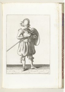 Cvičení The Shield and Spike: The Soldier Holding Spike and Shield Close to Body (č. 15), 1618 Nassausche Wapen-Handelinge, van Schilt, Spies, Rappier a Targe: vyobrazeny beyde figuerlick a zarámované podle nového řádu [z] (...) Maurita od Adam van Breen