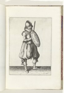 Cvičení The Shield and Spike: The Soldier at Attention with his Rapier and Shield in Front of the Trud (č. 20), 1618 De Nassausche Wapen-Handelinge, van Schilt, Spies, Rappier a Targe: zobrazeno beyde figuerlick, na konci zarámováno podle nového řádu [of] 