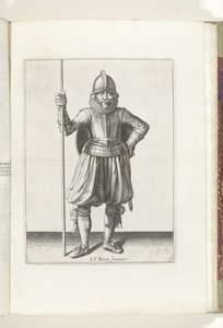 Cvičení The Shield and Spike: The Soldier at Rest, Spike in Hand and Shield on Back (č. 1), 1618 Nassausche Wapen-Handelinge, van Schilt, Spies, Rappier a Targe: zobrazeno beyde figuerlick, zarámováno podle nového řádu [z] ( od Adam van Breen
