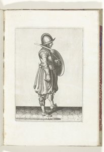 Cvičení Štít a bodec: Voják s připraveným štítem a bodcem na zemi vedle pravé nohy (č. 17), 1618 Nassausche Wapen-Handelinge, van Schilt, Spies, Rappier a Targe: zobrazeno beyde figuerlick, zarámováno po novém