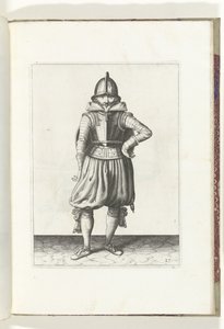Cvičení Štít a bodec: Voják stojící v klidu se štítem na zádech (č. 27), 1618 Nassausche Wapen-Handelinge, van Schilt, Spies, Rappier a Targe: vyobrazeny beyde figuerlick a zarámované podle nového řádu [z] (...) Maurits v. od Adam van Breen