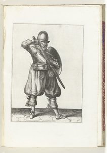 Cvičení The Shield and Spike: The Soldier Resheathing His Rapier (č. 24), 1618 Nassausche Wapen-Handelinge, van Schilt, Spies, Rappier a Targe: vyobrazeny beyde figuerlick a zarámované podle nového řádu [z] (...) Maurits van