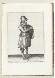 Cvičení štítu a hrotu: Voják vytahuje paži z pásu štítu (č. 25), 1618 Nassausche Wapen-Handelinge, van Schilt, Spies, Rappier a Targe: vyobrazeny beyde figuerlick a zarámované podle nového řádu (...) Mauritů od Adam van Breen