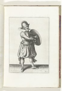 Cvičení The Shield and Spike: The Soldier Draws His Rapier from Behed his Shield (č. 18), 1618 Nassausche Wapen-Handelinge, van Schilt, Spies, Rappier a Targe: vyobrazeny beyde figuerlick a zarámované podle nového řádu [z] (...) Maurits v. od Adam van Breen