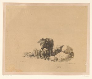 Stojící osel pro ležícího psa a spícího muže Šest tisků po kresbách Adama von Bartsche ve sbírce Heinricha Xavera Ritter von Hauer (název série) Šest estampes gravies par Adam de Bartsch d