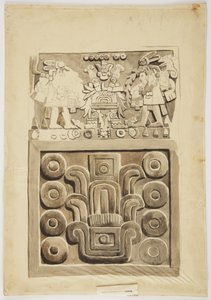 Nahoře je kamenný reliéf z Mexico City, dvě postavy válečníků čelem k centrálnímu zdobenému „stolu“ (akvarel) od Adela Breton