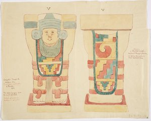 Caryatid z vnější komory, Horní chrám Jaguárů (Chrám A), hřiště na míče, Chichen Itza (akvarel) od Adela Breton