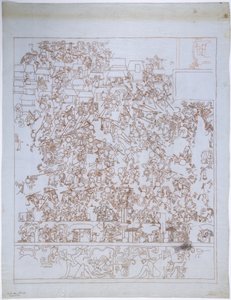 Kopie nástěnné malby, Horní chrám Jaguárů, South End, Západní zeď, Horní chrám Jaguárů, Chichén Itzá, Mexiko (červený inkoust a grafit) od Adela Breton