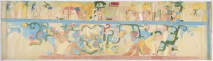Kopie nástěnné malby z jihozápadní stěny, Horní chrám jaguárů, Chichen Itzá, Mexiko (akvarel a tělová barva) od Adela Breton