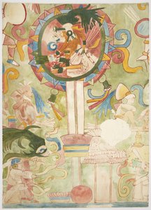 Obraz zobrazující část jižního panelu západní stěny, Horní chrám jaguárů, Chichén Itzá, Mexiko (akvarel, tělová barva, grafit) od Adela Breton