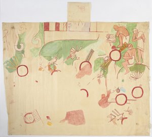 Malba z východní stěny, Horní chrám jaguárů, Chichén Itzá, Mexiko (akvarel, tělová barva, grafit) od Adela Breton