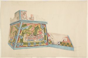 Malba kamenného reliéfu z Xochicalco, Mexiko Severní konec západní strany spodní terasy Akvarel (akvarel) od Adela Breton