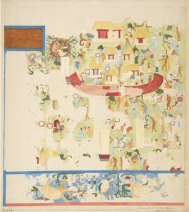 Čtvrtletní kopie nástěnné malby ze severního konce západní stěny, Horní chrám jaguárů, Chichen Itzá, Mexiko (akvarel) od Adela Breton