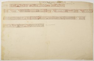 Ruiny/kamenné reliéfy v chrámu v Uxmal, Mexiko zobrazující vlys (akvarel) od Adela Breton