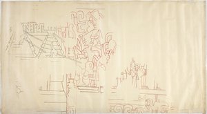 Obkreslování nástěnné malby z Casa de Monjas, Chichen Itza, Mexiko Obkresleno a napuštěno černým a červeným inkoustem (červený a černý inkoust a grafit) od Adela Breton