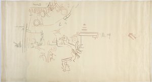 Trasování nástěnné malby z Casa de Monjas, Chichen Itza, Mexiko Vault ve velké komoře (červený, černý a hnědý inkoust a grafit) od Adela Breton
