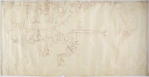 Trasování nástěnné malby z Casa de Monjas, Chichen Itza, Mexiko Vault ve velké komoře (červený, černý a hnědý inkoust a grafit) od Adela Breton