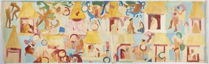 Trasování nástěnné malby z jižní stěny, vnitřní komnata, Horní chrám jaguárů, Velký míčový kurt v Chichen Itzá, Mexiko (akvarel a tělová barva) od Adela Breton
