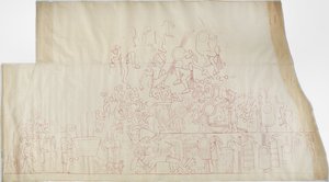 Trasování nástěnné malby z jižního klenebního stropu, Horní chrám jaguárů, Chichen Itzá, Mexiko    (červený inkoust) od Adela Breton