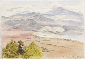 Pohled z Cerro del Calvario, Patzcuaxo na jedné straně papíru a na druhé je pohled na starobylou pevnost a kamenné mohyly, Iguatcho z Cerro del Calvario, Patzcuaro, Michoacan, Mexiko (akvarel) od Adela Breton