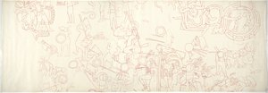 jižní stěna, Horní chrám jaguárů, Chichén Itzá, Mexiko Severní centrální čtvrť (červený inkoust a grafit) od Adela Breton
