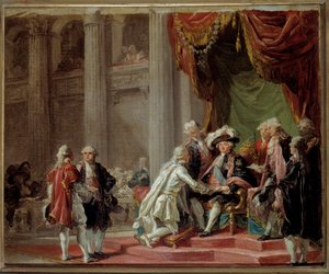 Přijetí rytíře Řádu svatého Lazara Jeruzalémského a Panny Marie z hory Karmel posledním velmistrem hrabětem z Provence (budoucím králem Ludvíkem XVIII.) (1755-1824) pod vedením Ludvíka XVI. Obraz Adelaide Labille Guiard (1749- 1803) 1788 kolem