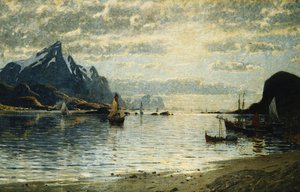 Scéna z fjordu s plachetními plavidly,